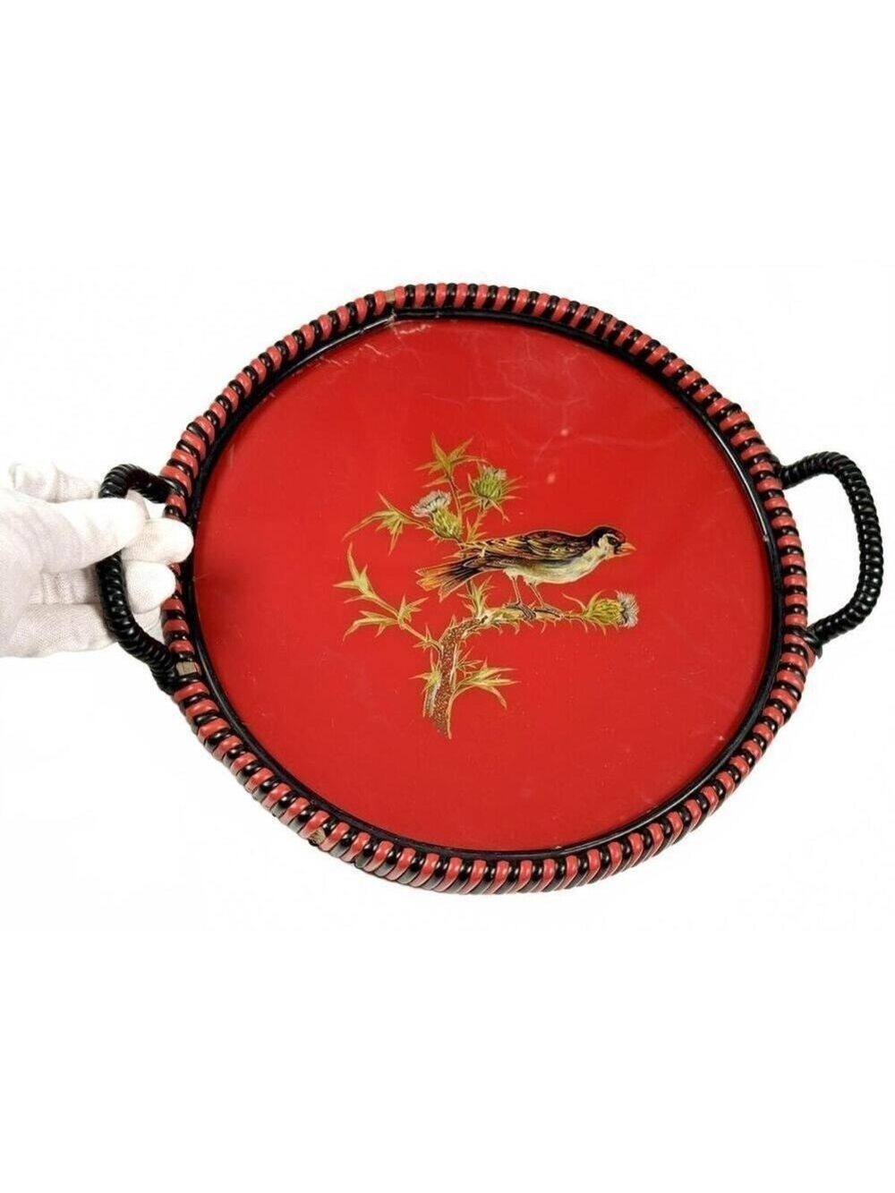 Vintage German US Zone Red Black Celluloid Goldfinch Bird Tray Bobbin Handle - Picture 3 of 13